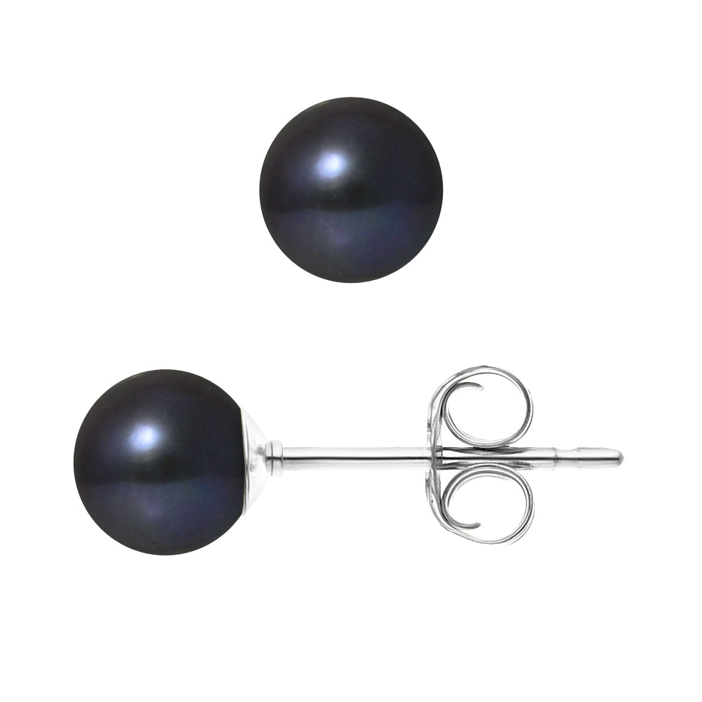 PERLINEA- Boucles d'Oreilles- Perles de Culture d'Eau Douce Ronde 6-7 mm Black Tahiti- Bijou Femme