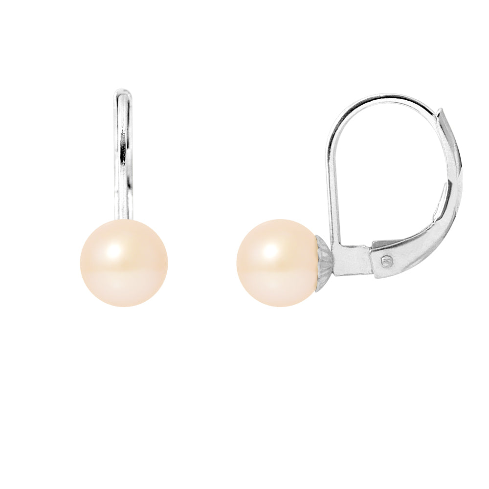 PERLINEA- Boucles d'Oreilles- Perles de Culture d'Eau Douce Ronde 6-7 mm Rose- Bijou Femme
