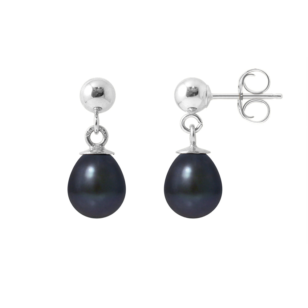 PERLINEA- Boucles d'Oreilles- Perles de Culture d'Eau Douce- Diamètre 6-7 mm Black Tahiti- Bijou Femme