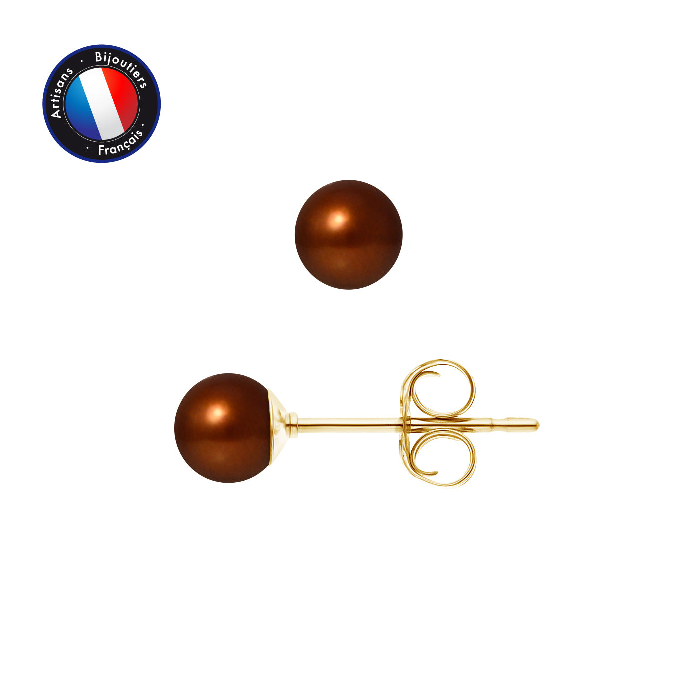 PERLINEA- Boucle d'Oreilles- Perles de Culture d'Eau Douce Ronde 5-6 mm Chocolat- Bijou Femme- OrJaune
