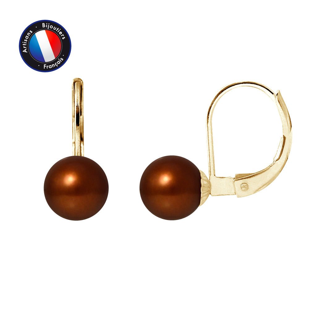 PERLINEA- Boucle d'Oreilles - Perles de Culture d'Eau Douce Ronde 7-8 mm Chocolat- Bijou Femme- OrJaune