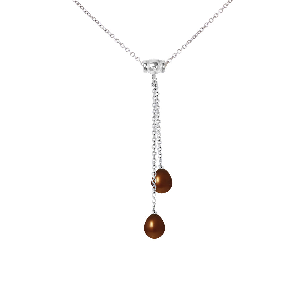 PERLINEA- Collier Toi & Moi 2 Perles de Culture d'Eau Douce- Diamètre 7-8 mm Chocolat- Bijou Femme- Argent 925 Millièmes