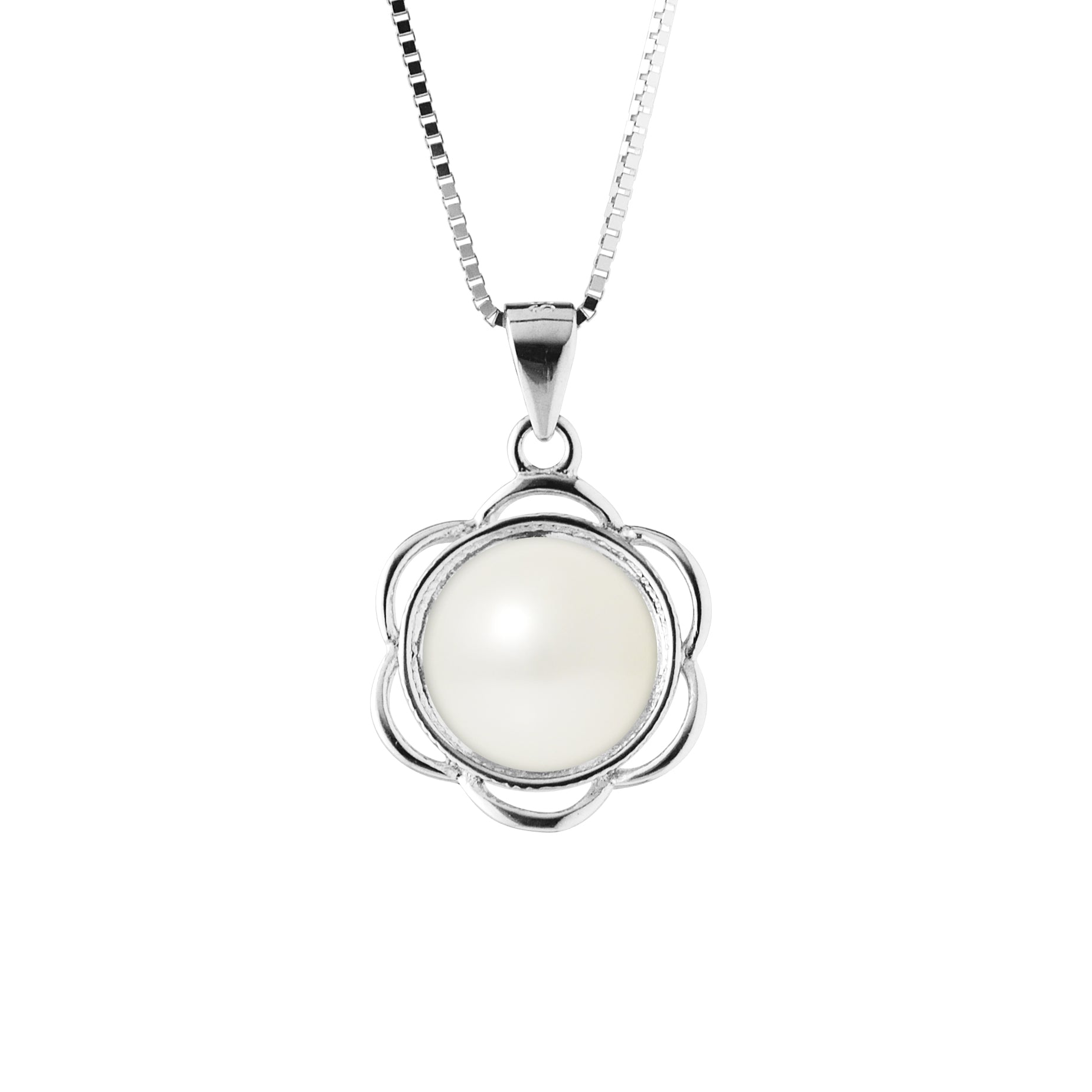 PERLINEA- Collier Fleur- Perle de Culture d'Eau Douce Bouton 8-9 mm Blanc- Bijou Femme- Argent 925 Millièmes