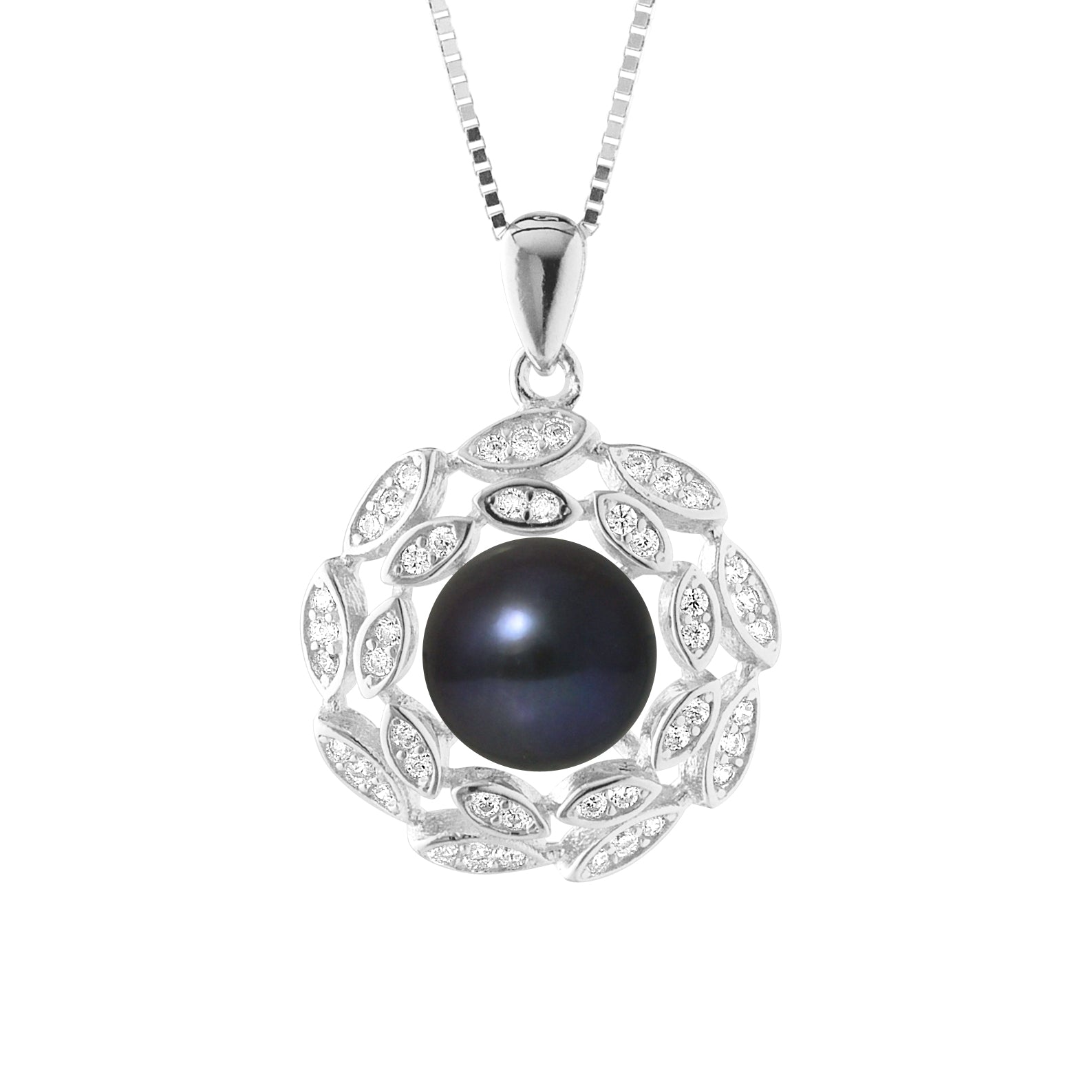 PERLINEA- Collier Corolle- Perle de Culture d'Eau Douce Bouton 8-9 mm Black Tahiti- Bijou Femme- Argent 925 Millièmes