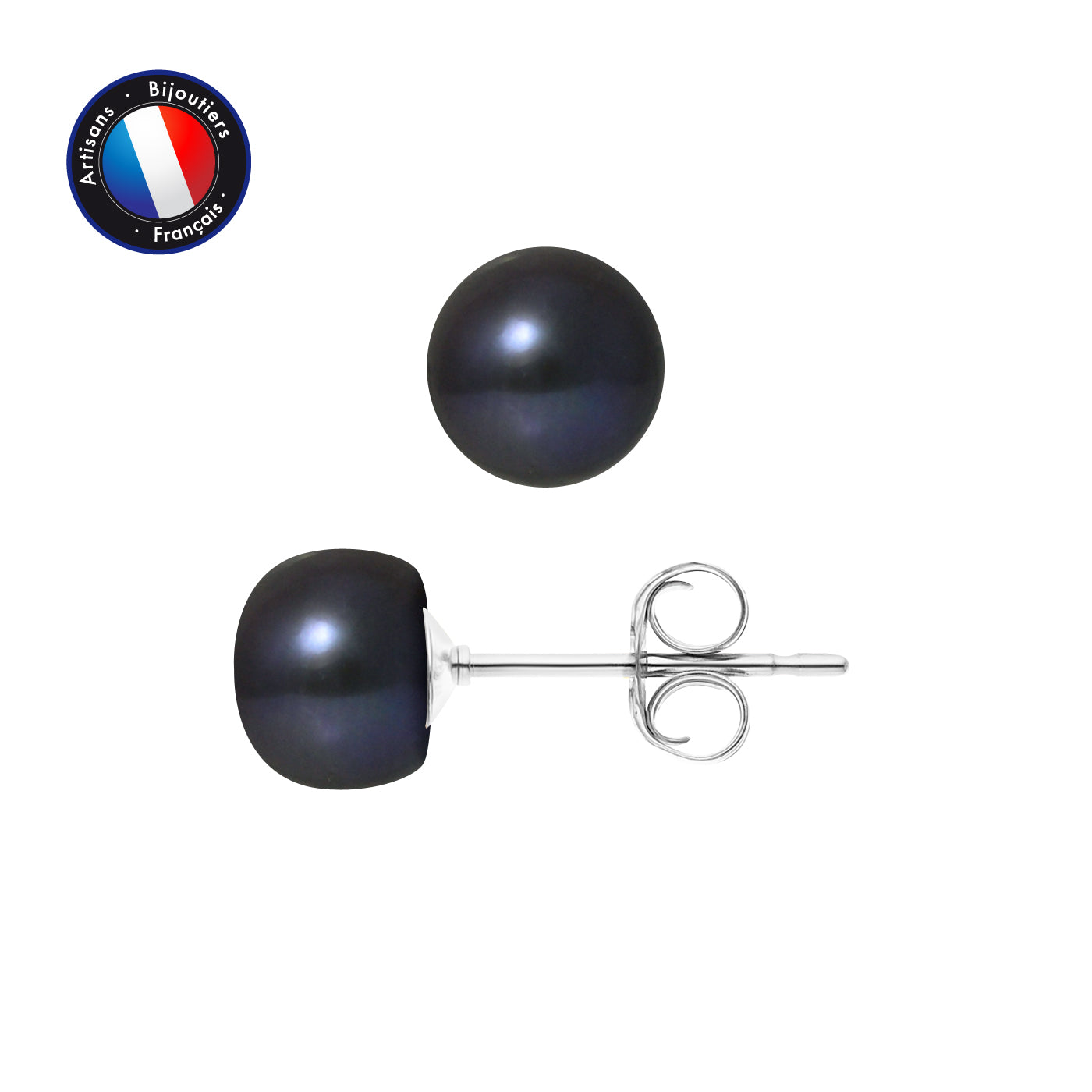 PERLINEA- Boucle d'Oreilles- Perles de Culture d'Eau Douce Bouton 7-8 mm Black Tahiti- Bijou Femme- Or Blanc