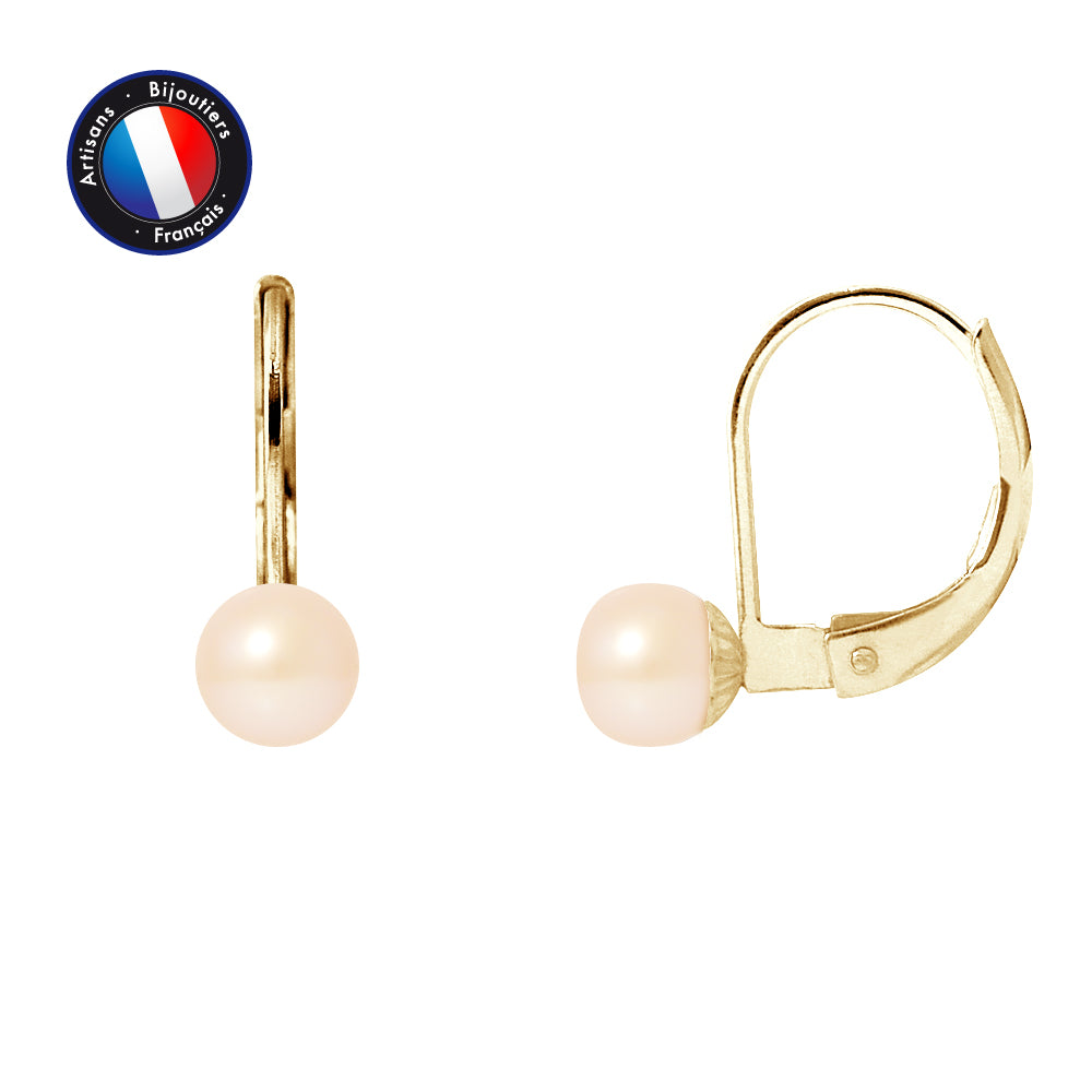 PERLINEA- Boucle d'Oreilles - Perles de Culture d'Eau Douce Bouton 5-6 mm Rose- Bijou Femme- OrJaune