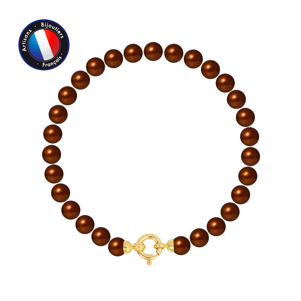 PERLINEA- Bracelet - Perles de Culutre Ronde 6-7  mm Chocolat- Bijou Femme- OrJaune