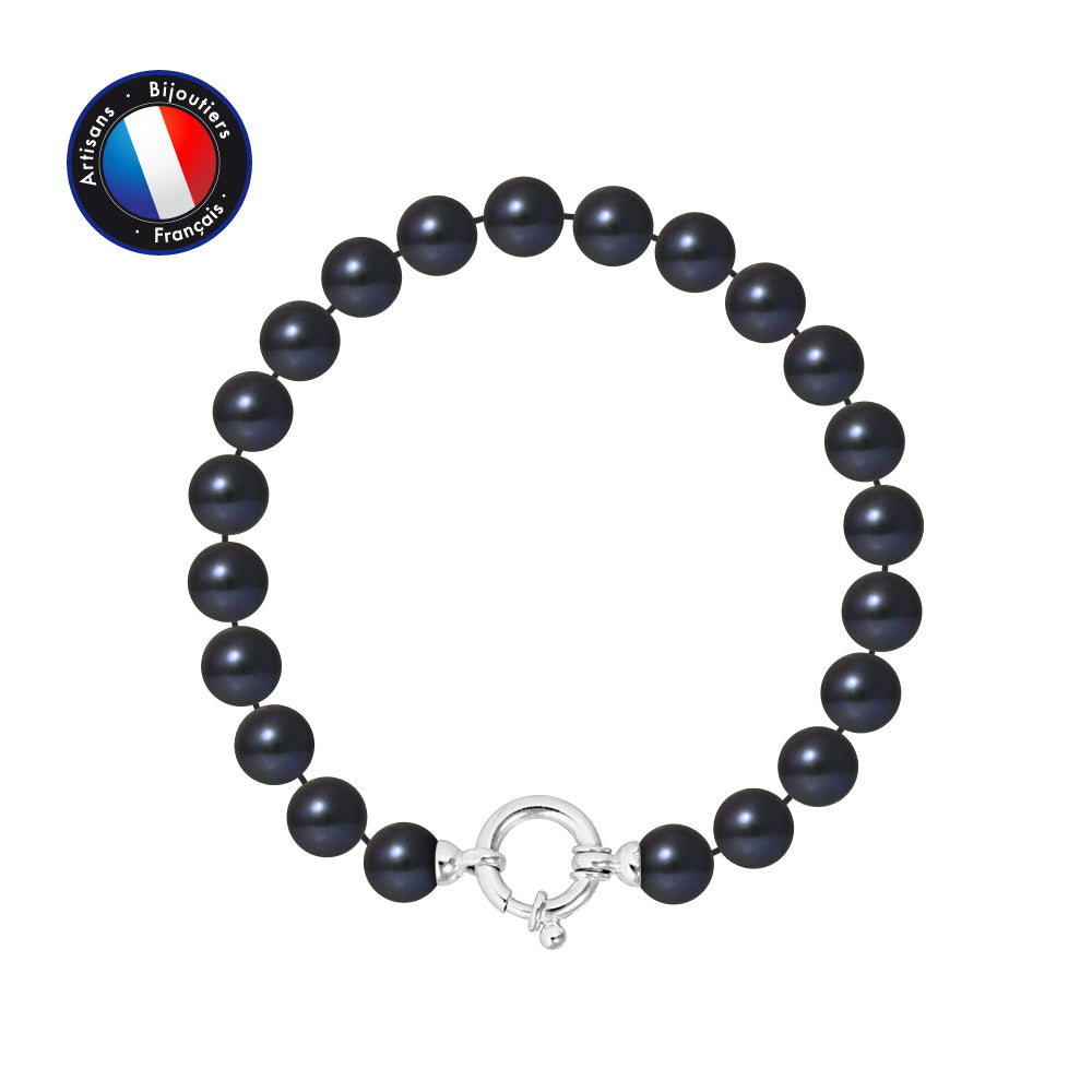 PERLINEA- Bracelet - Perles de Culutre Ronde 7-8 mm Black Tahiti- Bijou Femme- Or Blanc