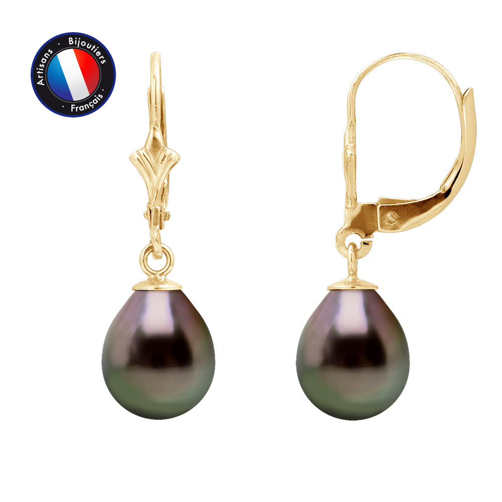 PERLINEA- Boucle d'Oreilles - Perles de Culture de Tahiti- Diamètre 8-9 mm- Bijou Femme- OrJaune