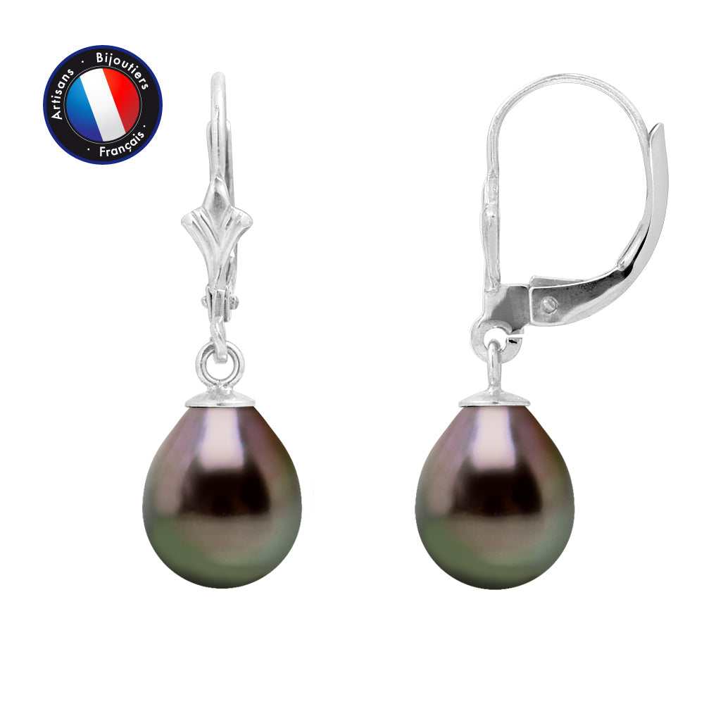 PERLINEA- Boucle d'Oreilles - Perles de Culture de Tahiti- Diamètre 8-9 mm- Bijou Femme- Or Blanc