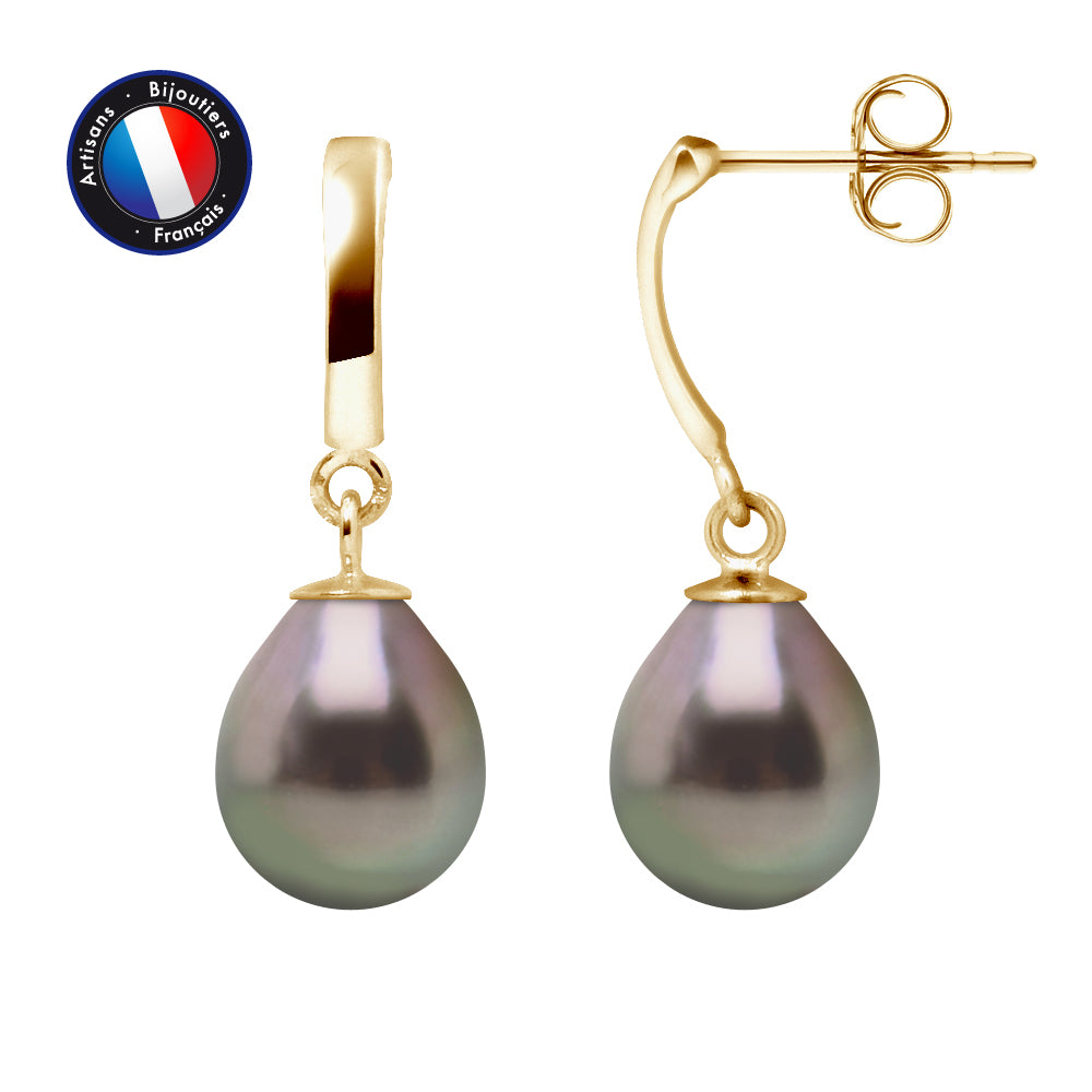 PERLINEA- Boucle d'Oreilles - Perles de Culture de Tahiti- Diamètre 8-9 mm- Bijou Femme- OrJaune