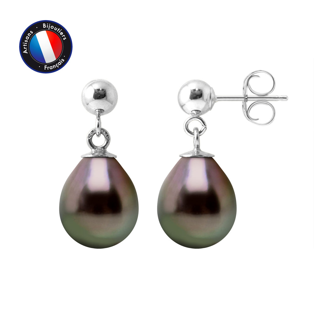 PERLINEA- Boucle d'Oreilles - Perles de Culture de Tahiti- Diamètre 8-9 mm- Bijou Femme- Or Blanc