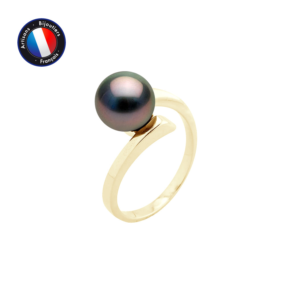 PERLINEA- Bague- Perles de Culture de Tahiti- Ronde Diamètre 8-9 mm- Taille 48 (EU)- Bijou Femme- OrJaune