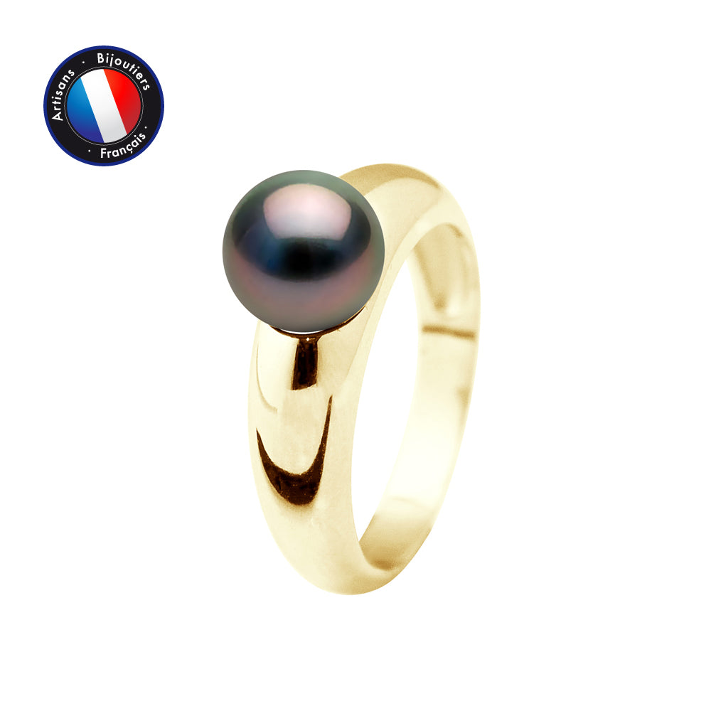 PERLINEA- Bague- Perles de Culture de Tahiti- Ronde Diamètre 8-9 mm- Taille 48 (EU)- Bijou Femme- OrJaune