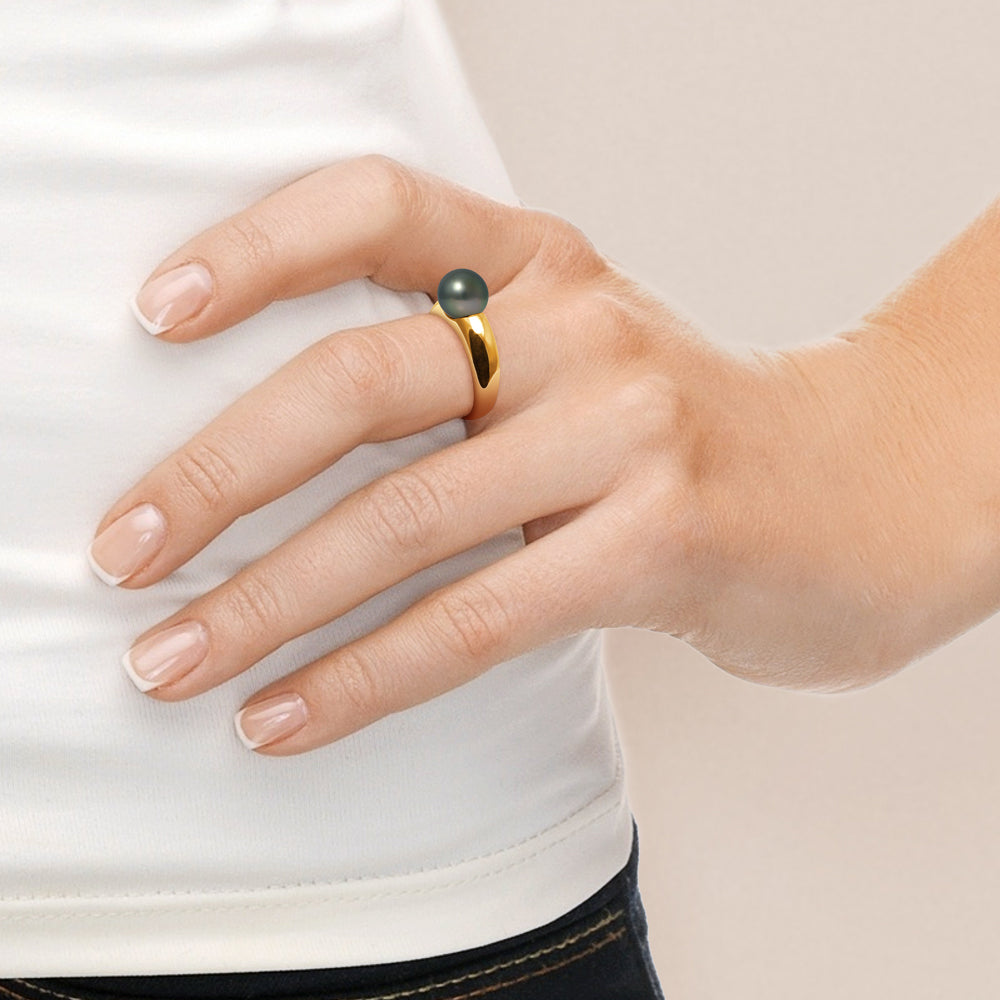 PERLINEA- Bague- Perles de Culture de Tahiti- Ronde Diamètre 8-9 mm- Taille 48 (EU)- Bijou Femme- OrJaune