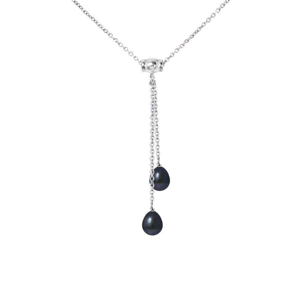 PERLINEA- Collier Toi & Moi 2 Perles de Culture d'Eau Douce- Diamètre 7-8 mm Black Tahiti- Bijou Femme- Argent 925 Millièmes