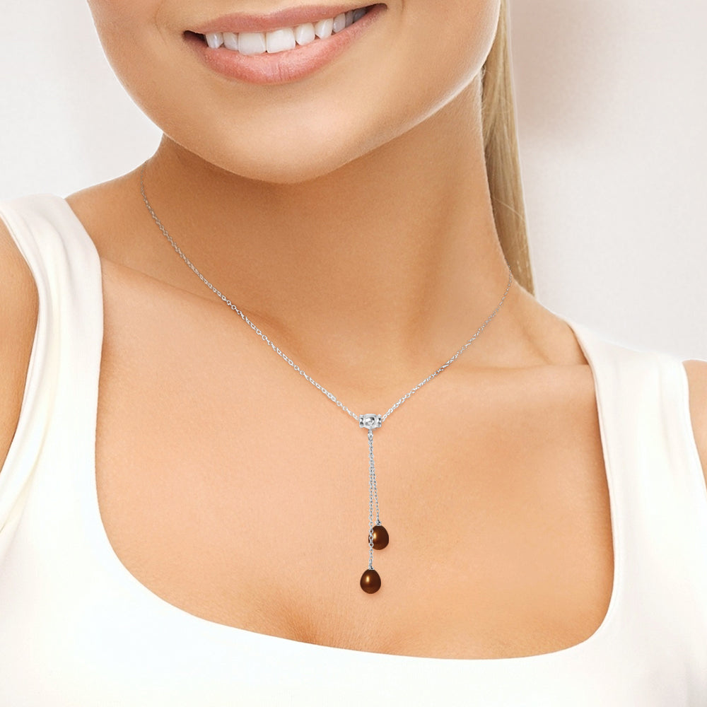 PERLINEA- Collier Toi & Moi 2 Perles de Culture d'Eau Douce- Diamètre 7-8 mm Chocolat- Bijou Femme- Argent 925 Millièmes