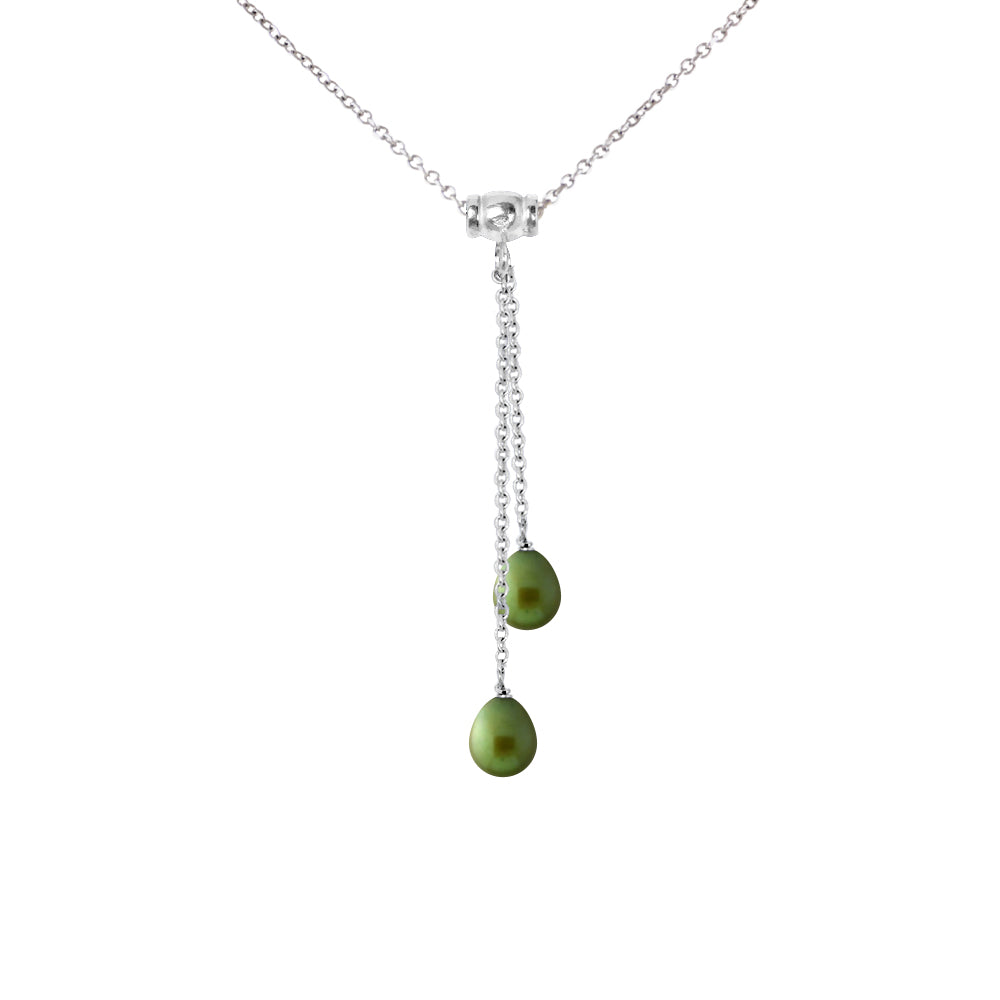 PERLINEA- Collier Toi & Moi 2 Perles de Culture d'Eau Douce- Diamètre 7-8 mm Vert Intense- Bijou Femme- Argent 925 Millièmes