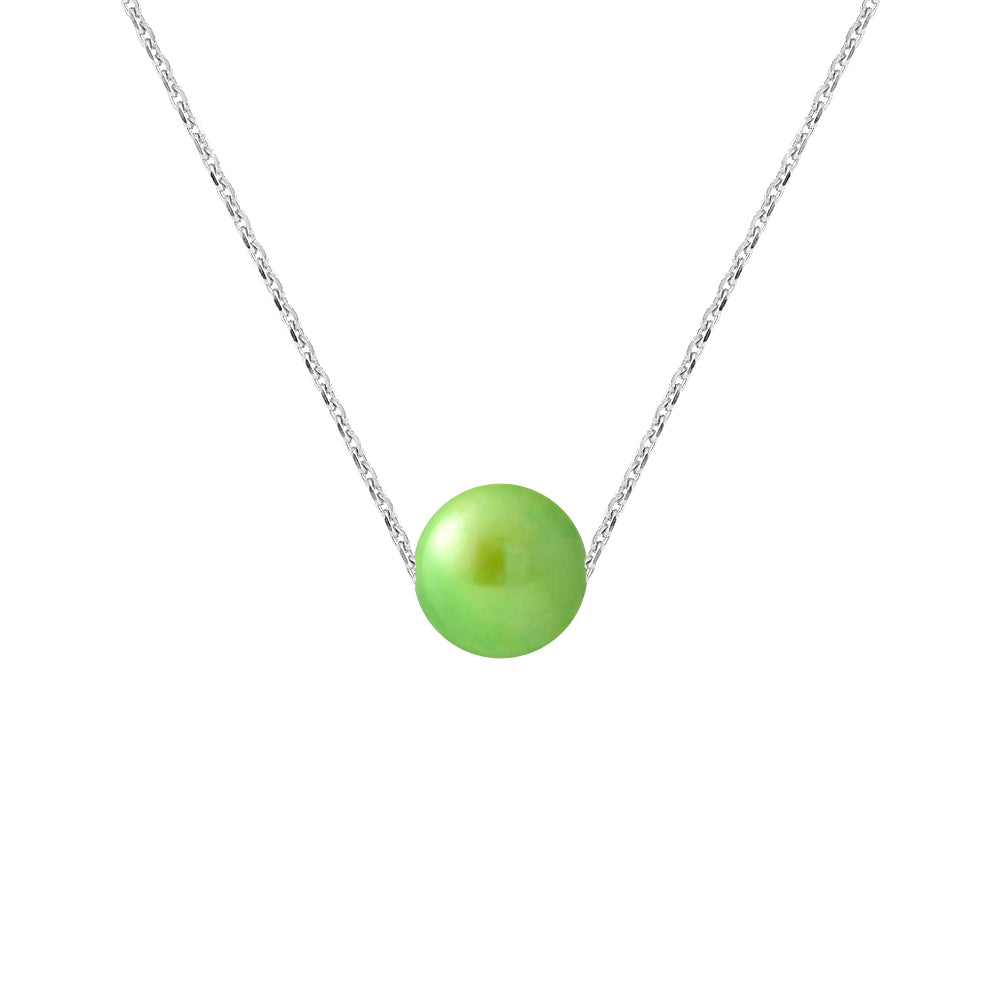 PERLINEA- Collier Véritable- Perle de Culture d'Eau Douce- Diamètre 8-9 mm Vert Tonic- Bijou Femme- Argent 925 Millièmes