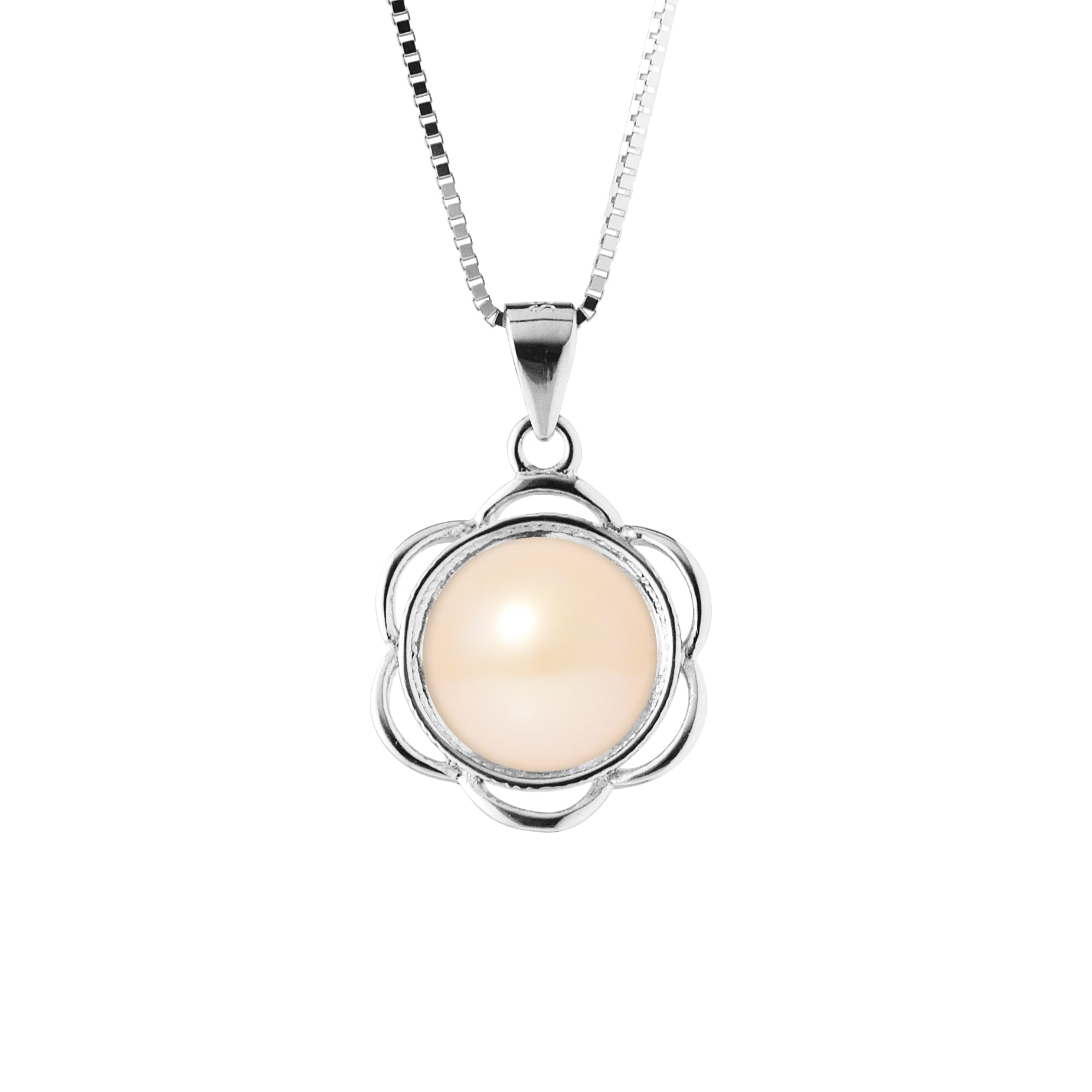 PERLINEA- Collier Fleur- Perle de Culture d'Eau Douce  RoseBouton 8-9 mm- Bijou Femme- Argent 925 Millièmes