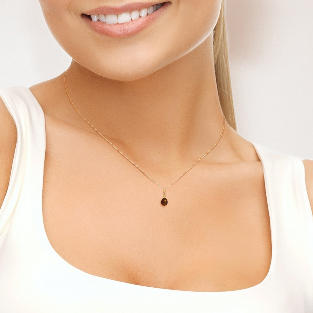 PERLINEA- Pendentif- Perle de Culture d'Eau Douce- Bouton Diamètre 5-6 mm Chocolat- Bijou Femme- OrJaune