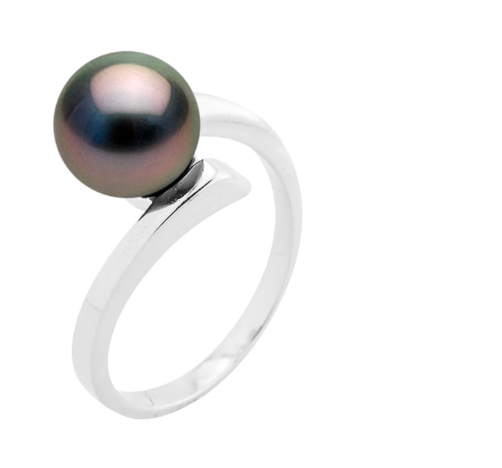 PERLINEA- Bague- Perles de Culture de Tahiti- Ronde Diamètre 8-9 mm- Taille 48 (EU)- Bijou Femme- Or Blanc
