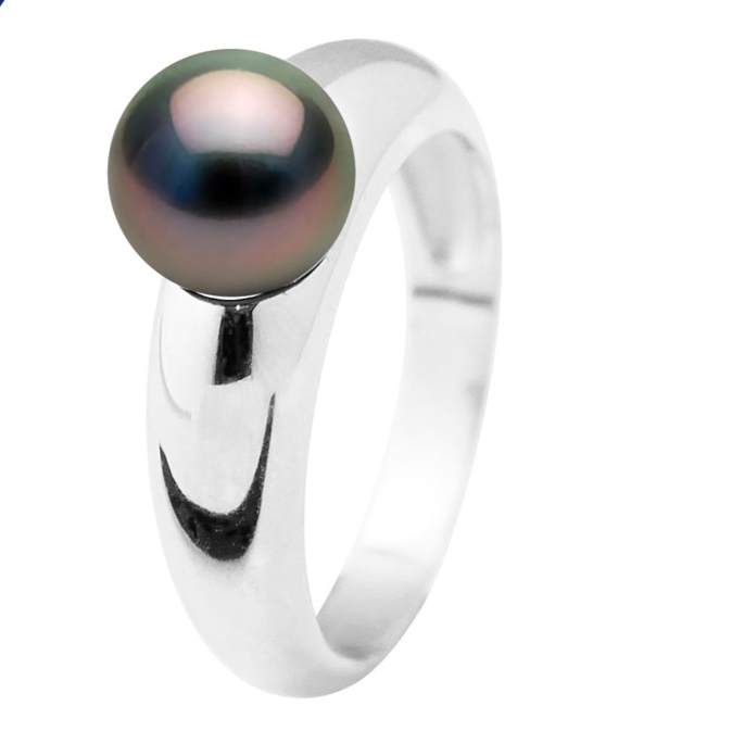 PERLINEA- Bague- Perles de Culture de Tahiti- Ronde Diamètre 8-9 mm- Taille 48 (EU)- Bijou Femme- Or Blanc