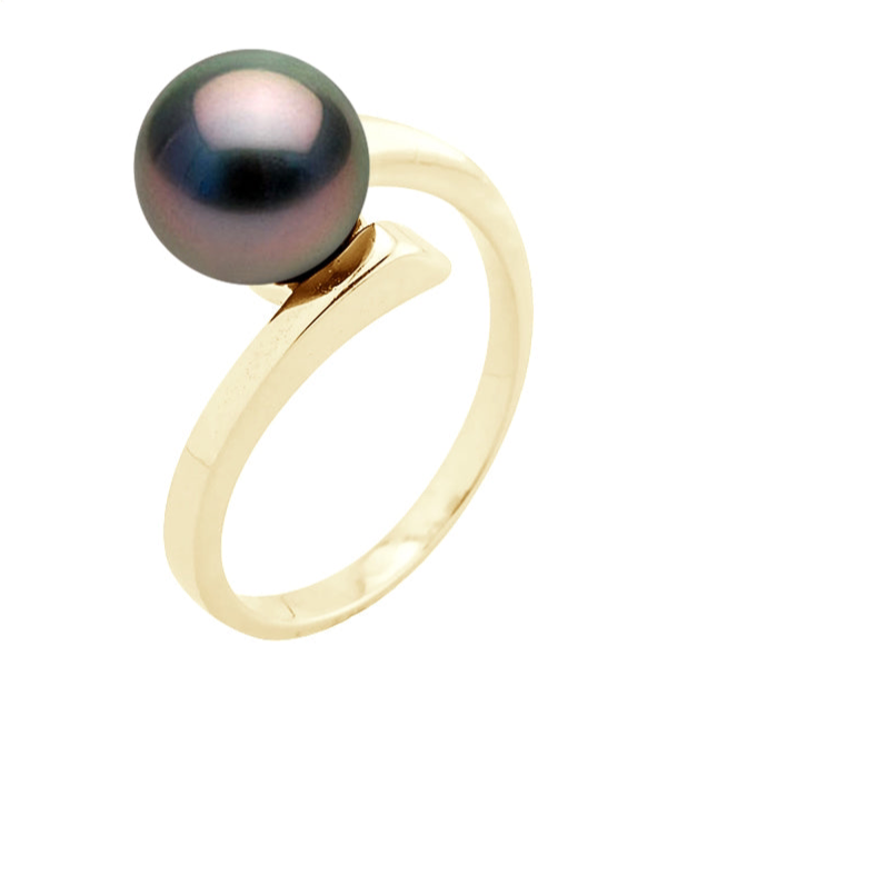 PERLINEA- Bague- Perles de Culture de Tahiti- Ronde Diamètre 8-9 mm- Taille 48 (EU)- Bijou Femme- OrJaune